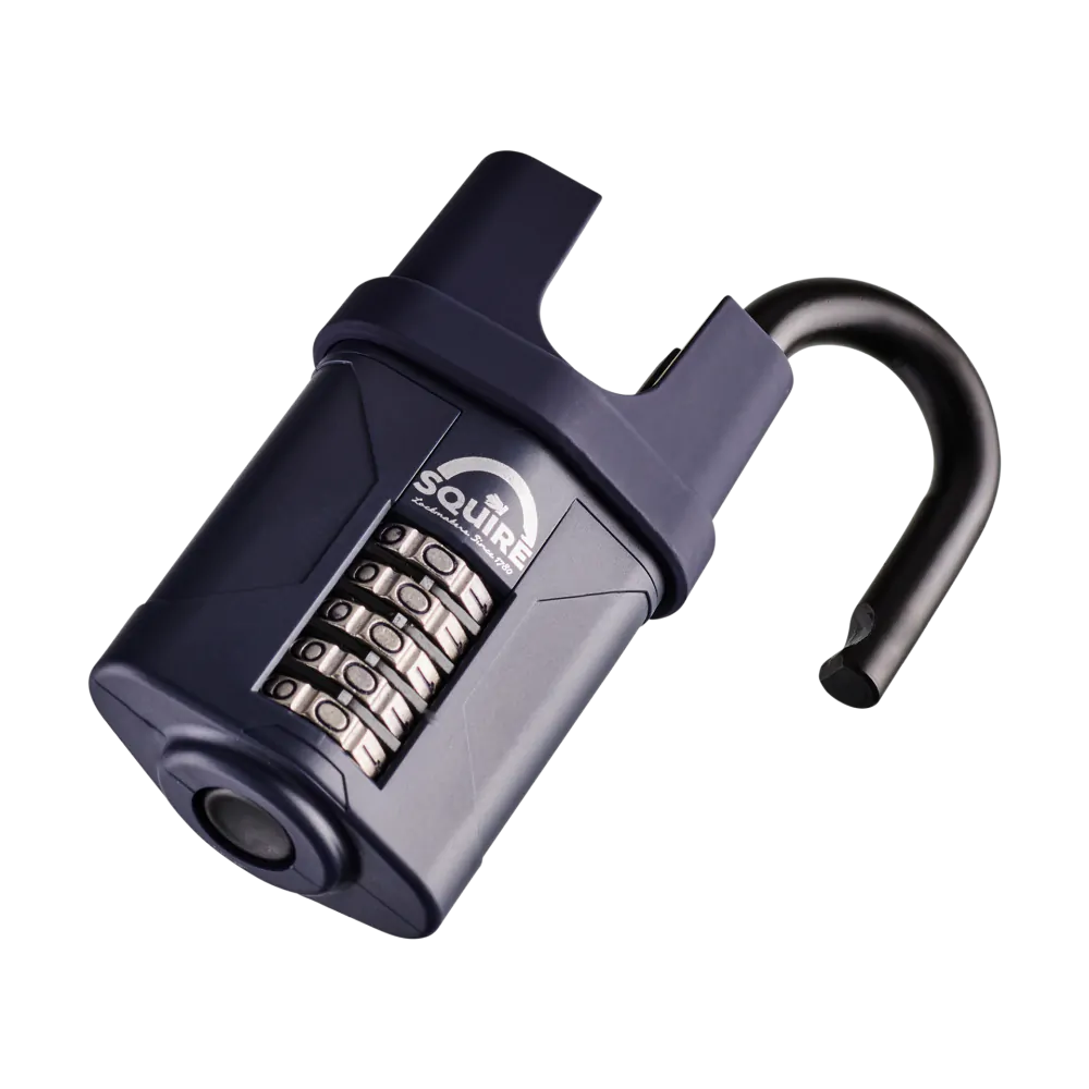 Squire CP60 High Security Combination Padlock 60mm with open hardened steel shackle and resettable 4-wheel combination mechanism.