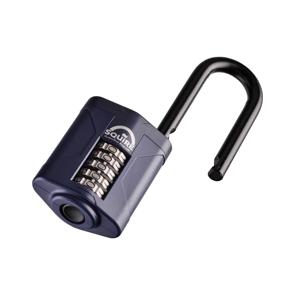 Squire CP60 High Security Recodable Combination Long Shackle Padlock 60mm with open extended hardened steel shackle and recodable 4-wheel combination mechanism.