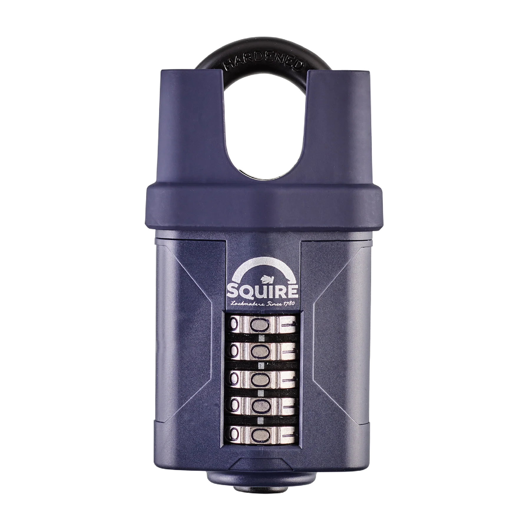Front view of Squire CP60 High Security Combination Padlock 60mm featuring a resettable 4-wheel combination lock and hardened steel shackle.