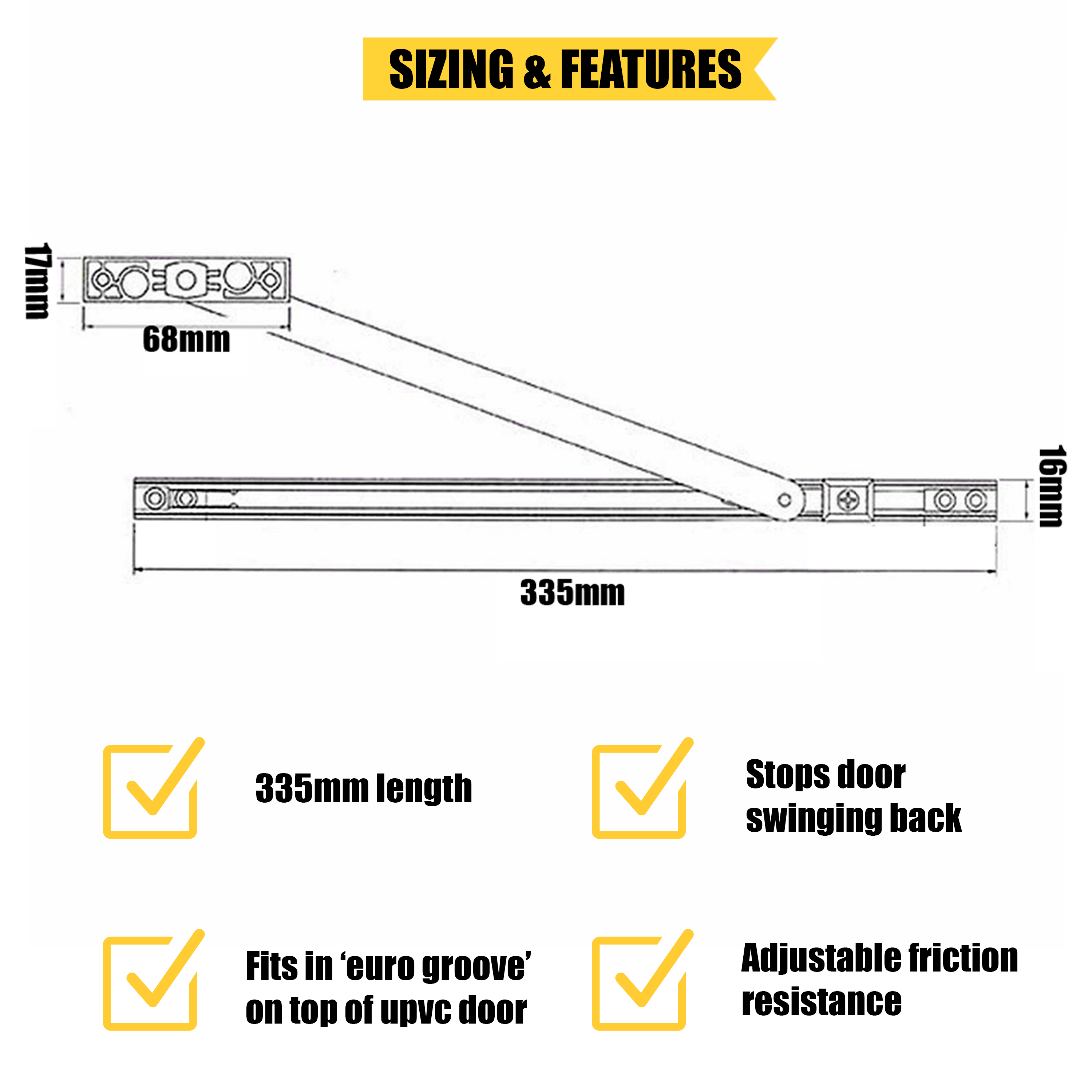 Technical diagram and features of a door restrictor arm. The main arm is 335mm long, with additional measurements showing a 68mm mounting section and 16mm depth. The top mounting bracket is 17mm high for uPVC French/Patio Door