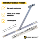 The metal restrictor arm is displayed fully extended, alongside screws and a branded adhesive strip for uPVC French/Patio Door