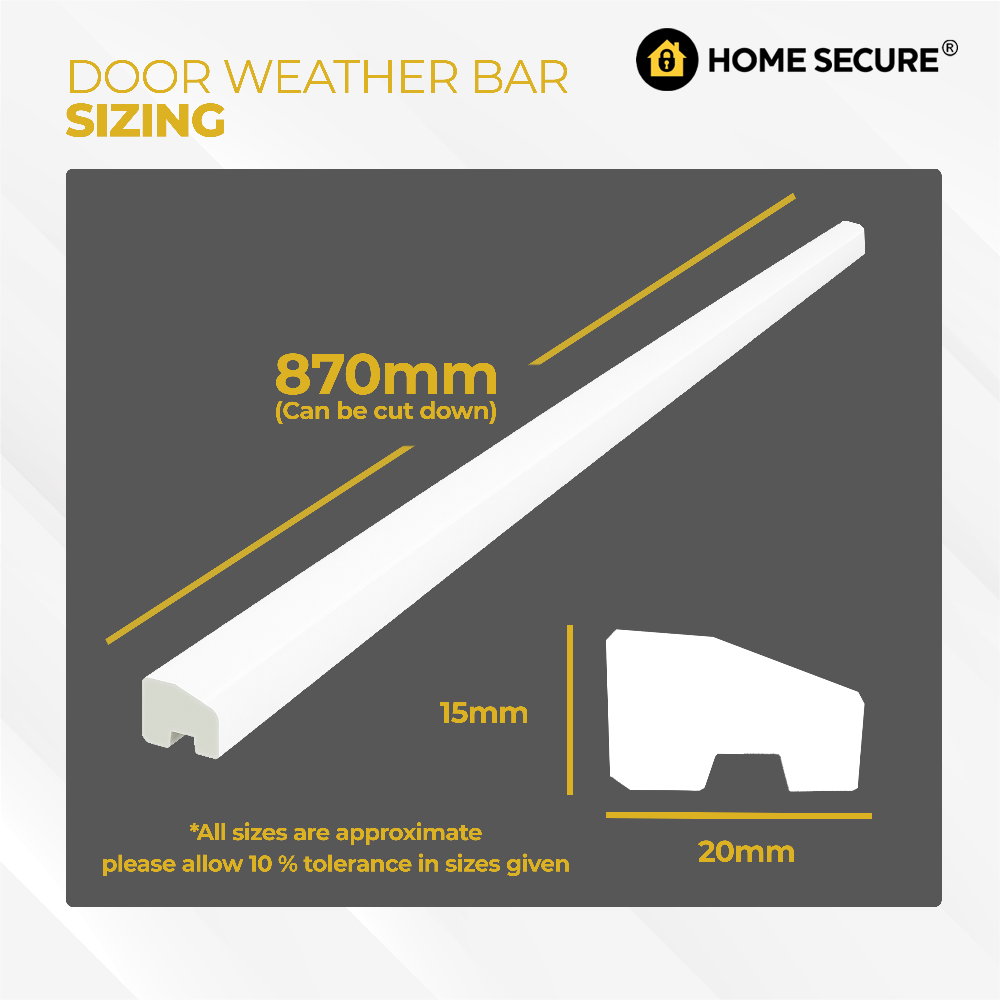 Door weather bar sizing chart with Home Secure branding