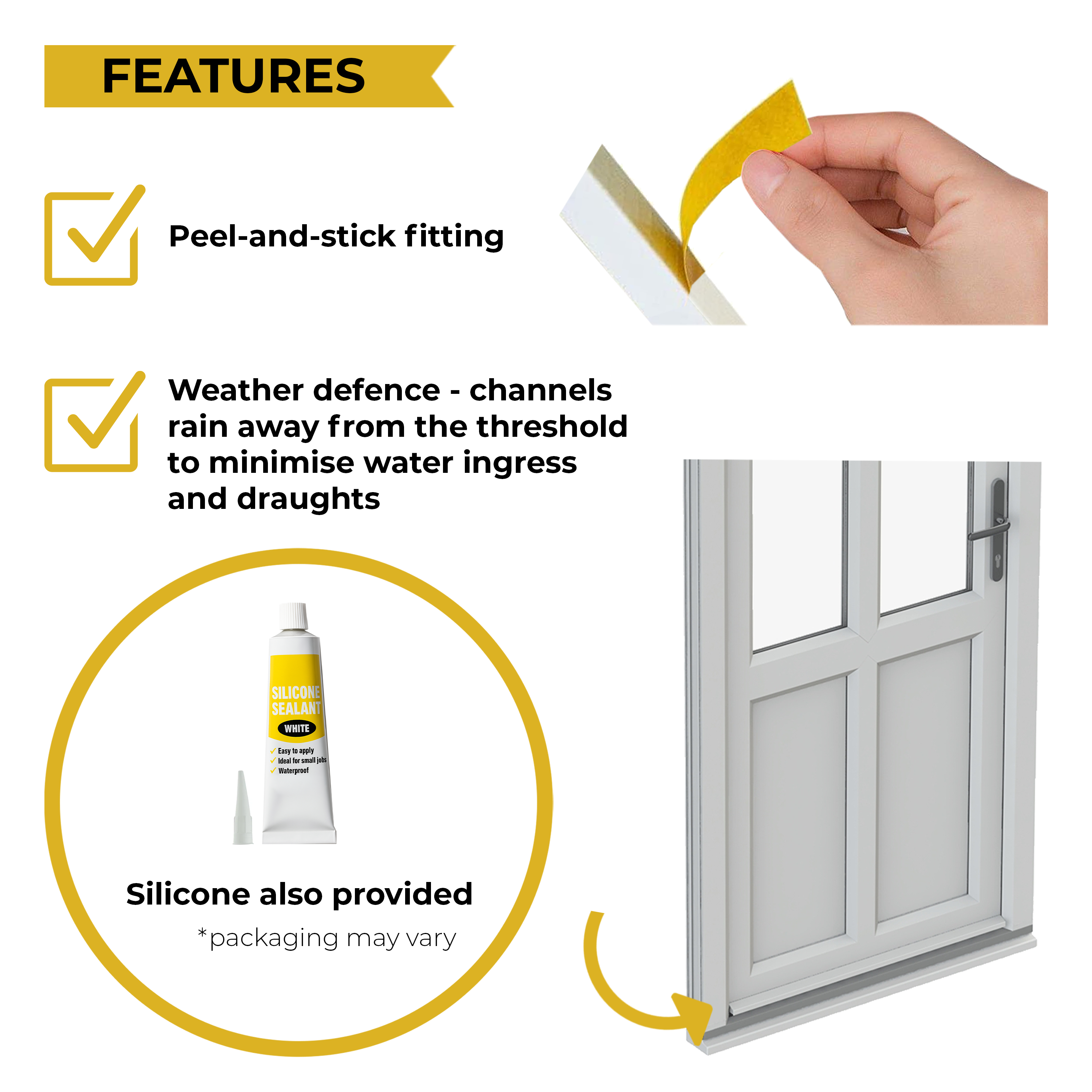 Window weather stripping with features listed and a hand applying it.