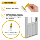 Window weather stripping with features listed and a hand applying it.