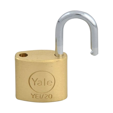 Yale 20mm brass padlock shown unlocked with open steel shackle for lockers, luggage and small storage applications.