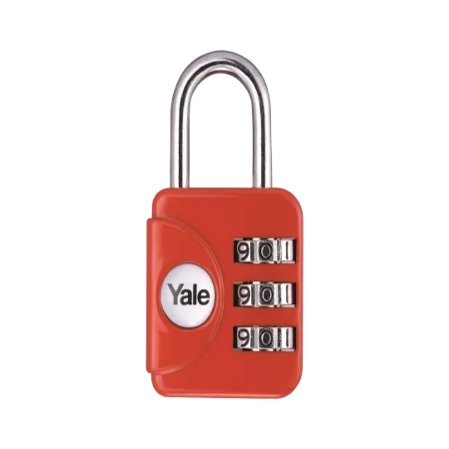 Yale red 3-digit combination padlock with resettable code and keyless security for lockers, luggage and storage units.