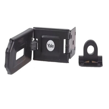 Yale 51mm padlock and hasp security set shown in the unlocked position for installation and access.