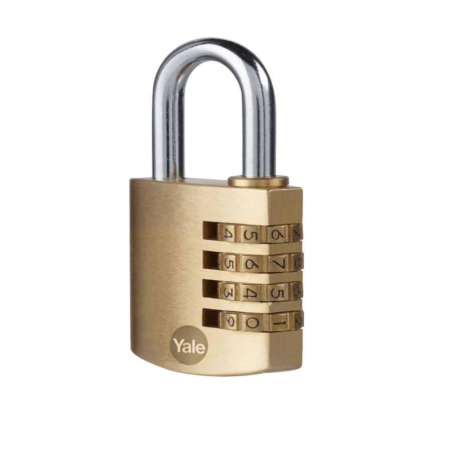 Front view of the Yale 40mm brass combination padlock with resettable combination mechanism.