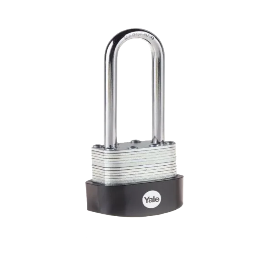 Angled view of the Yale 40mm laminated steel long shackle padlock designed for gates, chains and security fittings.