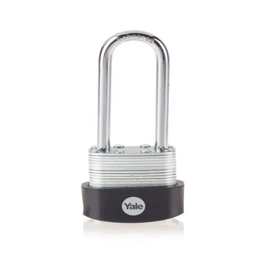 Front view of the Yale 40mm laminated steel long shackle padlock with hardened steel shackle.