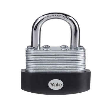 Front view of the Yale 50mm laminated steel open shackle padlock with hardened steel shackle.