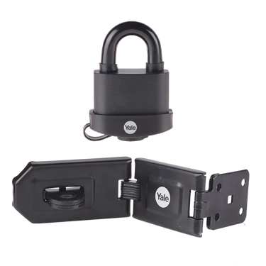 Yale 51mm padlock and hasp security set for sheds, gates, garages and outdoor storage applications.