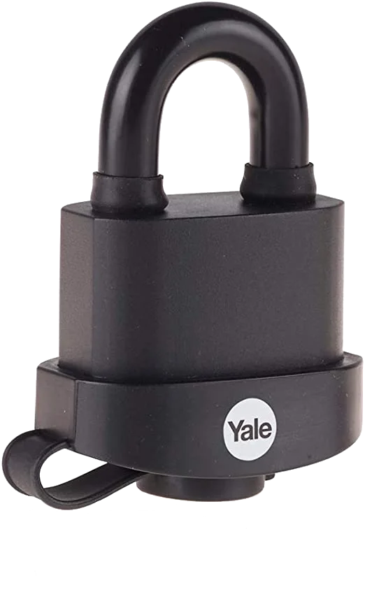 Close-up view of the Yale 51mm security padlock with black protective finish and hardened steel shackle.