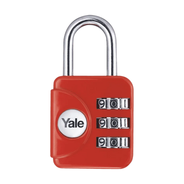 Yale red combination padlock with resettable code and keyless security for lockers, luggage and storage units.