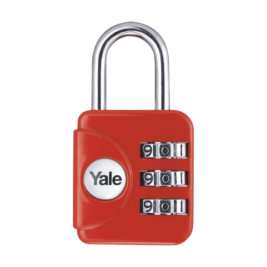 Yale red combination padlock with resettable code and keyless security for lockers, luggage and storage units.
