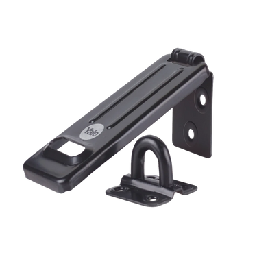 Yale 120mm black steel security hasp for sheds, gates, garages and outdoor storage buildings.