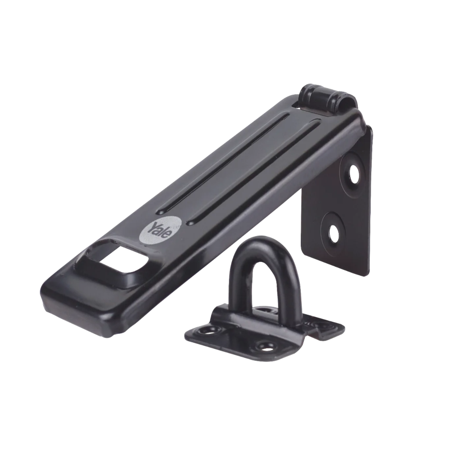 Yale 120mm black steel security hasp for sheds, gates, garages and outdoor storage buildings.