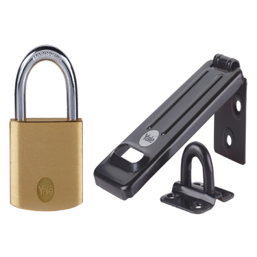 Yale 120mm steel hasp supplied with a 40mm brass padlock for securing sheds, gates and storage units.
