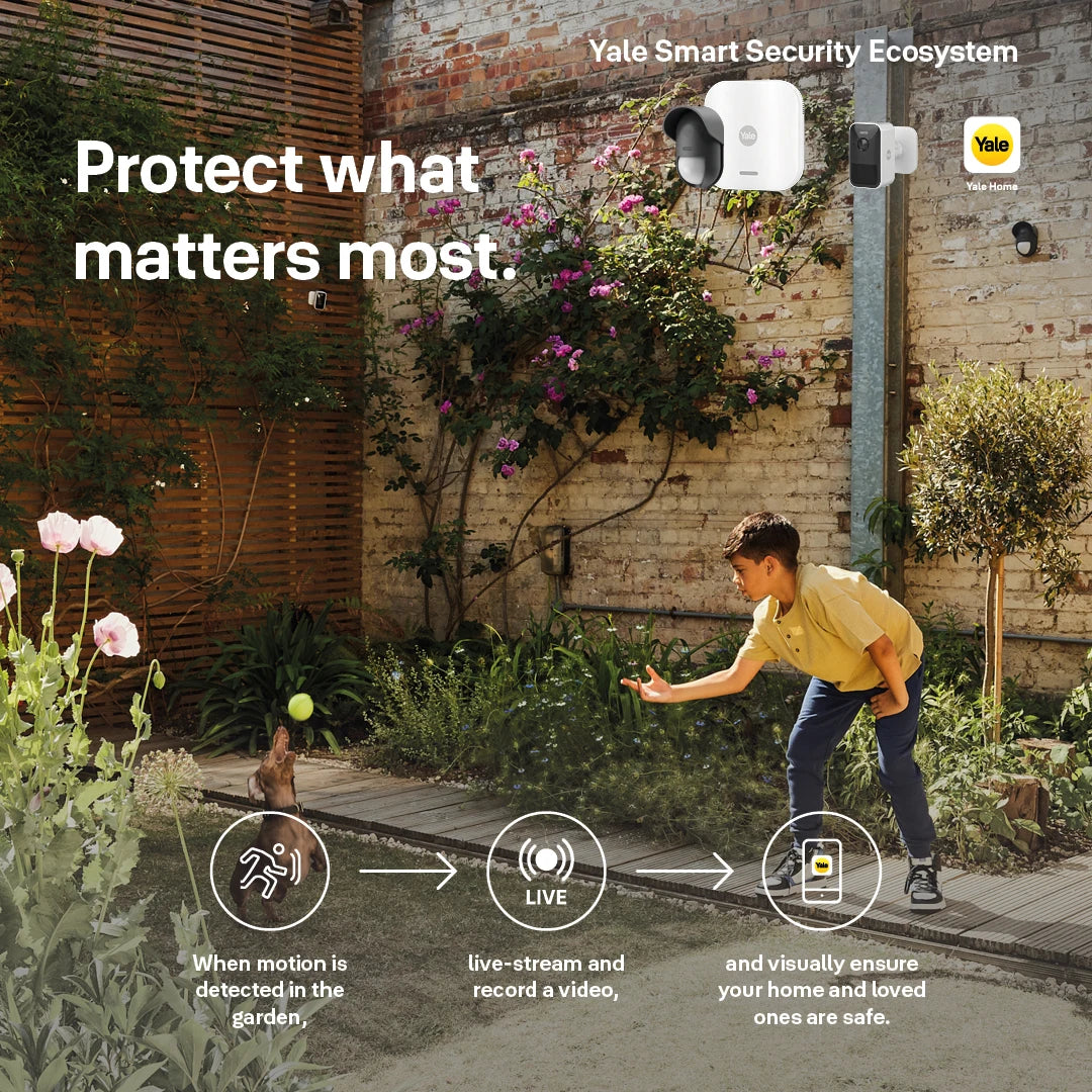 Yale Smart Outdoor Camera monitoring garden and outdoor family activity