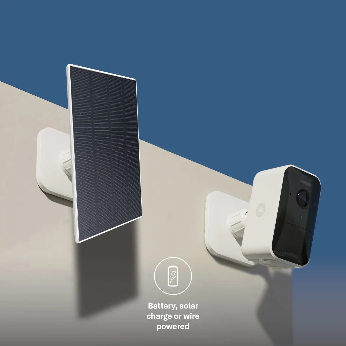 Yale Smart Outdoor Camera with optional solar panel charger accessory attached
