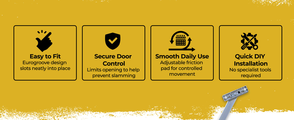 Four features of the Home Secure door restrictor stay: easy to fit with a eurogroove design that slots into place; secure door control that limits opening; smooth daily use with an adjustable friction pad; quick DIY installation with no specialist tools.