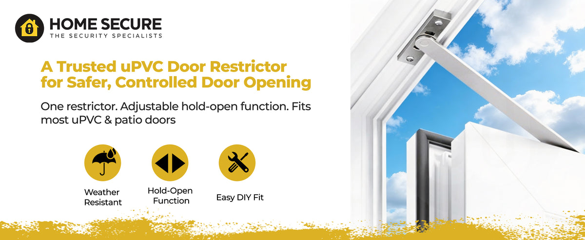 Home Secure 335mm door restrictor stay fitted to an open white uPVC door. Suits most uPVC and patio doors. Weather resistant, hold-open function, easy DIY fit.