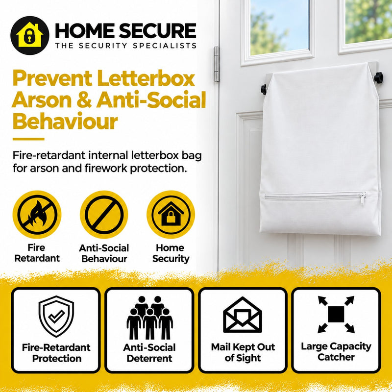 Home Secure fire retardant letterbox bag fitted inside a white front door, for arson and firework protection. Fire retardant, protects against anti-social behaviour, improves home security. Also shown: Four features of the fire retardant letterbox bag: fire-retardant fabric, protection from anti-social behaviour, mail kept out of reach, large capacity for post and parcels.