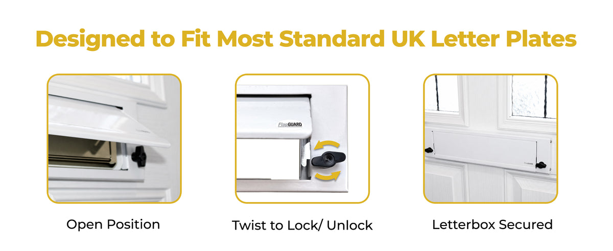 Designed to fit most standard UK letter plates: FlapGUARD sizing and fitting guide.