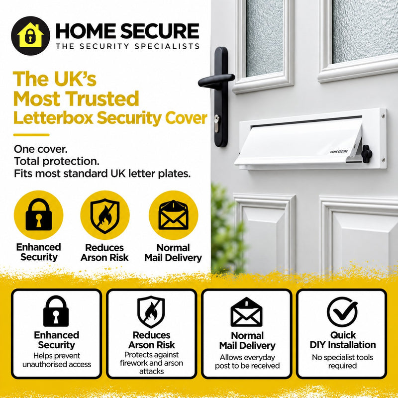 FlapGUARD lockable letterbox security cover in white fitted to a white front door. One cover, total protection. Fits most standard UK letter plates. Also shown: Four features of the FlapGUARD letterbox cover: locks shut, anti-arson and anti-fishing protection, protects the home, simple to fit.