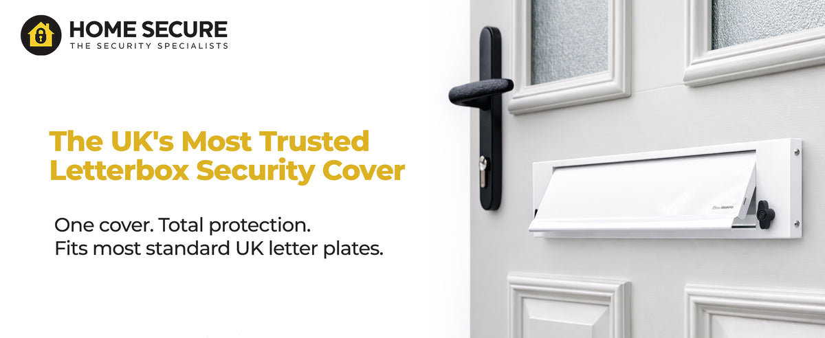 FlapGUARD lockable letterbox security cover in white fitted to a white front door. One cover, total protection. Fits most standard UK letter plates.