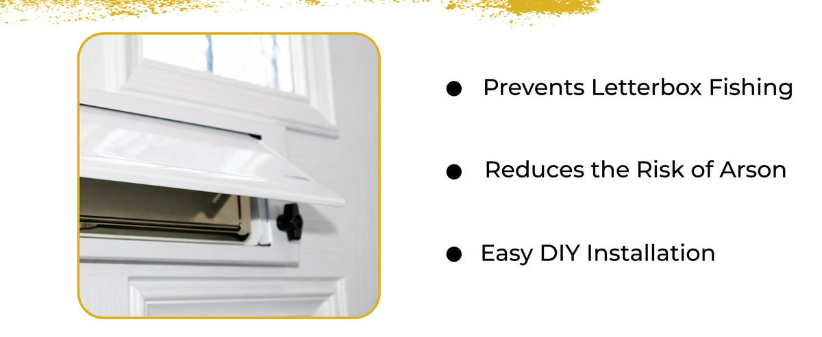 FlapGUARD cover lifted open on a white door showing the letter plate behind it. Prevents letterbox fishing, reduces the risk of arson, easy DIY installation.