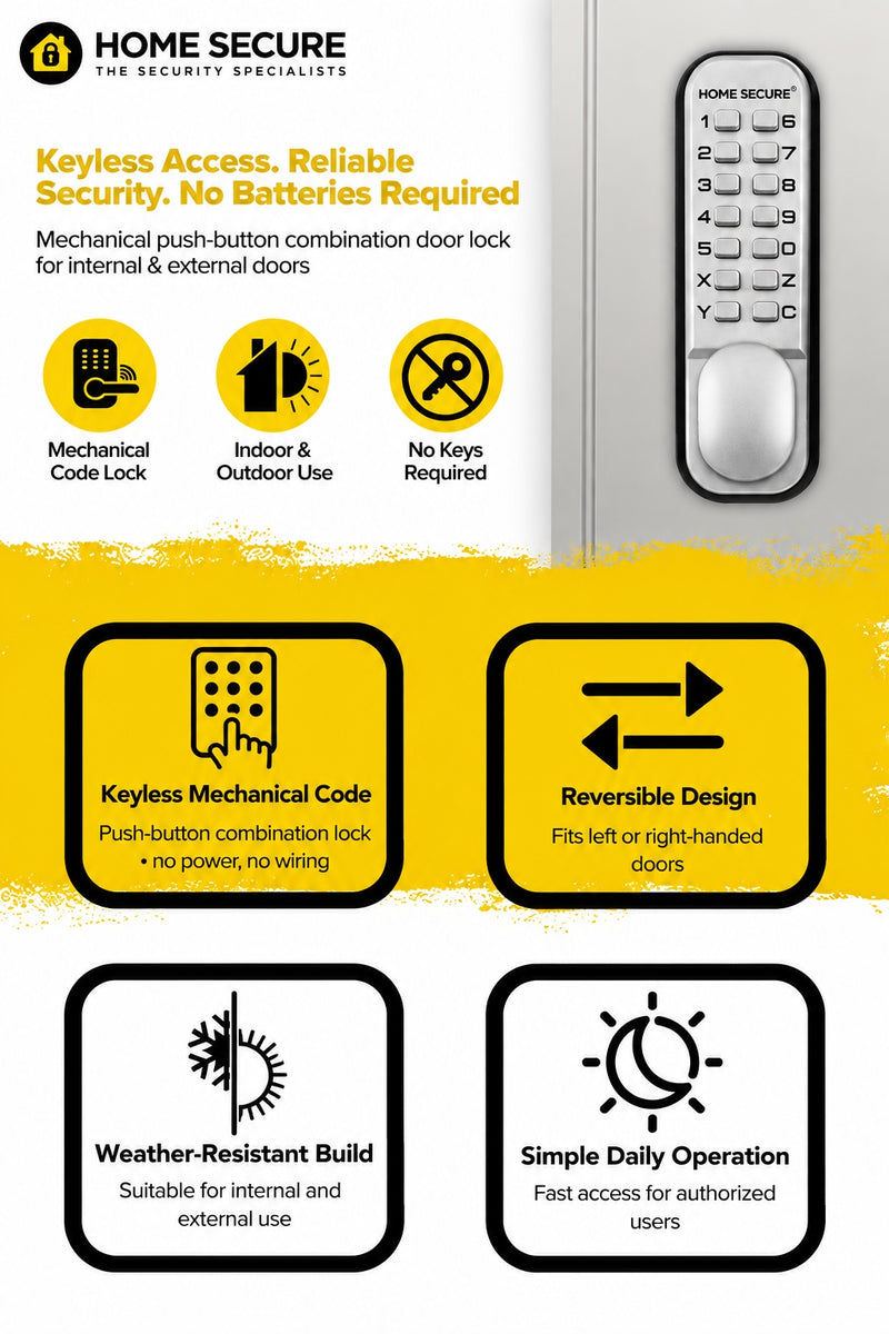 Home Secure keypad door lock in satin chrome fitted to a grey door. Keyless access, reliable security, no batteries required. Mechanical push-button combination door lock for internal and external doors. Four features: keyless mechanical code with no power or wiring; reversible design for left or right-handed doors; weather-resistant build for internal and external use; simple daily operation for authorised users.