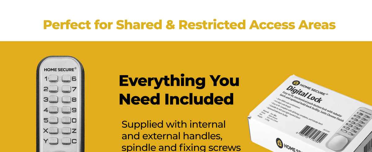 Home Secure keypad door lock alongside its retail box. Perfect for shared and restricted access areas. Everything you need included: supplied with internal and external handles, spindle and fixing screws.