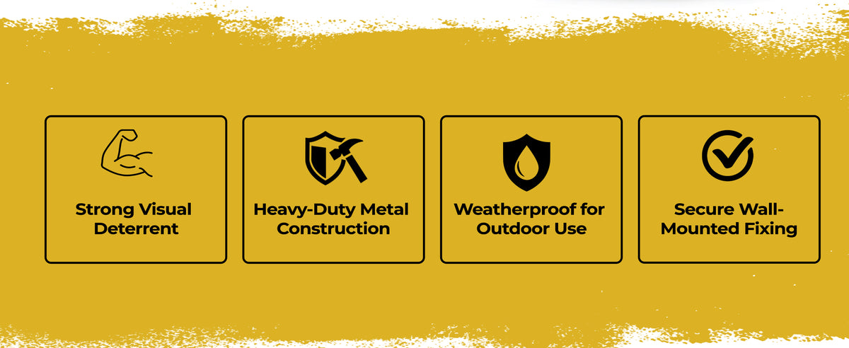 Four features of the Home Secure key safe: strong construction, secure protection, weather-resistant, simple to use.
