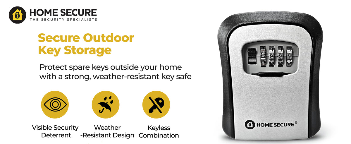 Home Secure outdoor key safe with a four-dial combination lock. Protect spare keys outside your home with a strong, weather-resistant key safe. Visible security deterrent, weather-resistant design, keyless combination.
