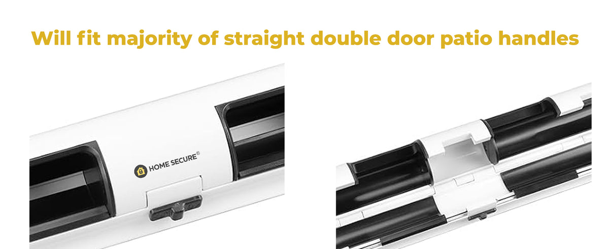 Will fit the majority of straight double door patio handles. Close-up of the Home Secure patio lock body and hinge.