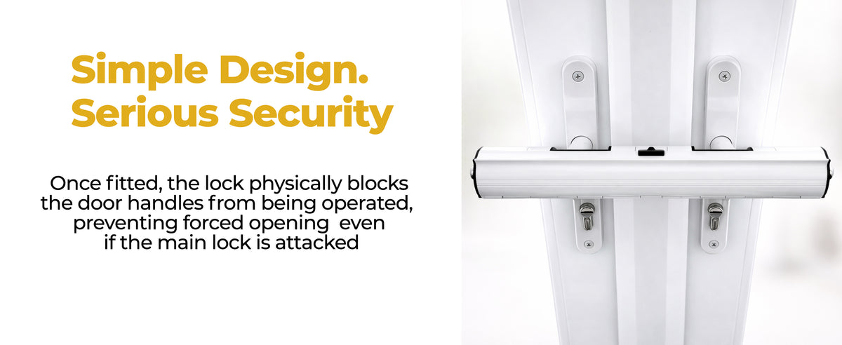 Simple design, serious security: the patio door lock clipped over double door handles.
