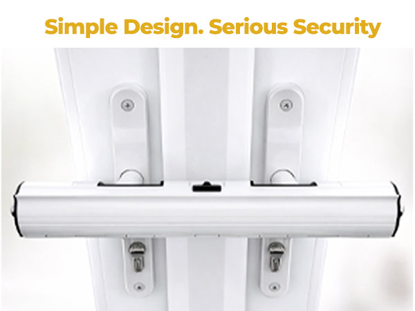 Simple design, serious security: the patio door lock clipped over double door handles.