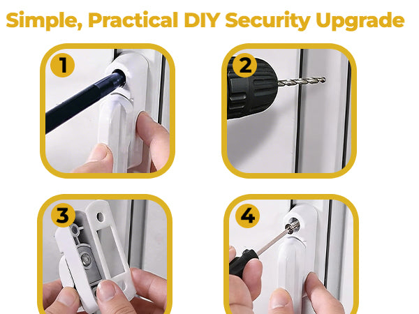 Simple, practical DIY security upgrade: step one mark the fixing holes, step two drill and screw the sash jammer to the frame.