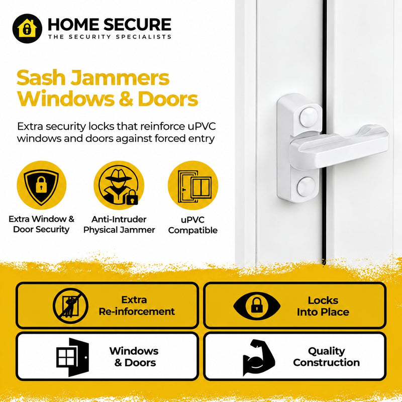 White Home Secure sash jammer fitted to a uPVC window frame. Extra security locks that reinforce uPVC windows and doors against forced entry. Extra window and door security, anti-intruder physical jammer, uPVC compatible. Also shown: Four features of the sash jammer: resists forced entry, visible deterrent, fits windows and doors, strong construction.