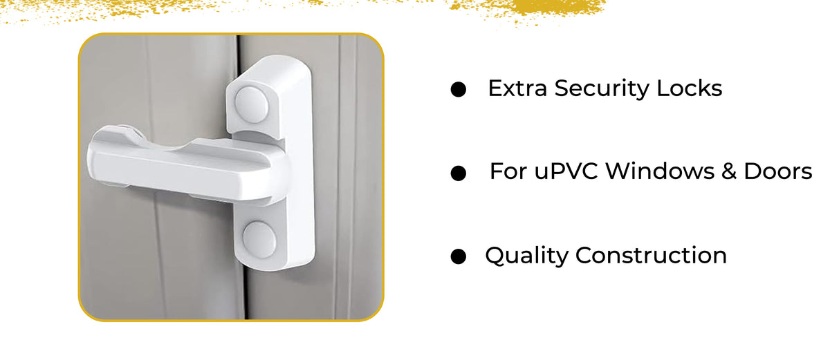 Sash jammer in the locked position on a uPVC frame. Extra security locks, for uPVC windows and doors, quality construction.