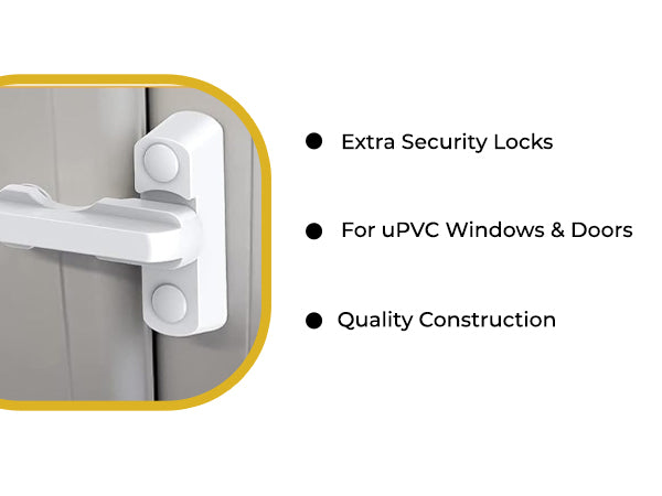 Sash jammer in the locked position on a uPVC frame. Extra security locks, for uPVC windows and doors, quality construction.