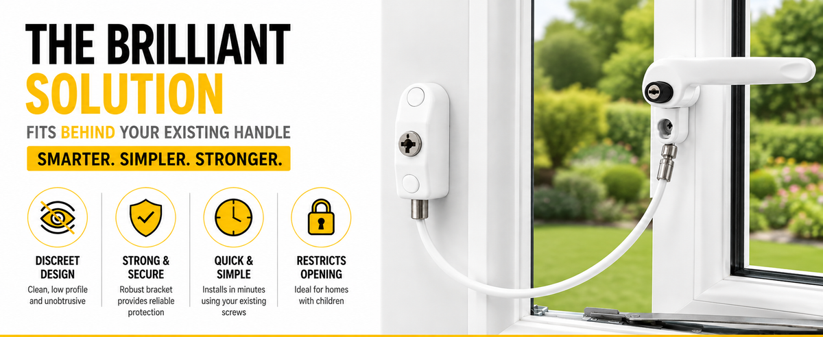 Home Secure window cable restrictor lock in white fitted behind an existing uPVC window handle. Smarter, simpler, stronger. Discreet low-profile design, strong and secure bracket, quick to install using existing screws, restricts opening for homes with children.