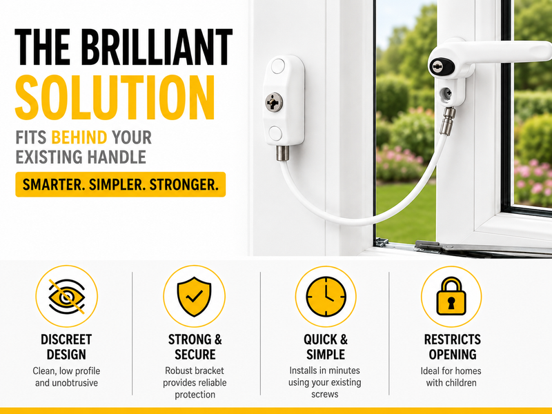 Home Secure window cable restrictor lock in white fitted behind an existing uPVC window handle. Smarter, simpler, stronger. Discreet low-profile design, strong and secure bracket, quick to install using existing screws, restricts opening for homes with children.