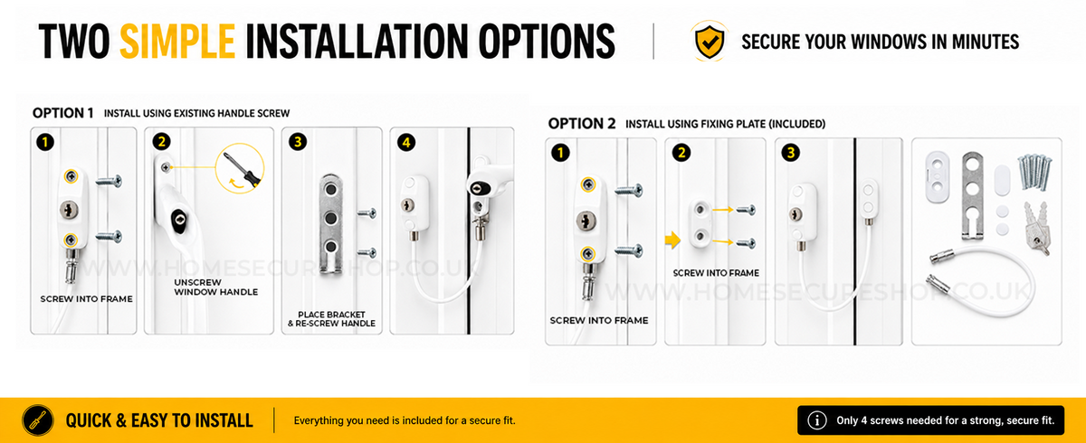 Two simple installation options: option one using the existing handle screw, option two using the fixing plate included. Secure your windows in minutes.