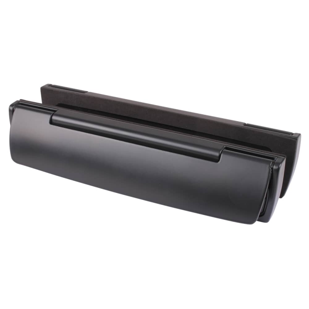 Matte black letterplate with matching black interior surround for external front doors, shown on a white background.
