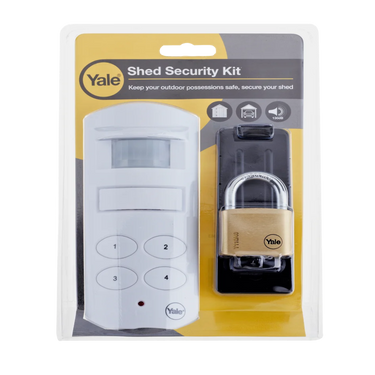 Retail packaging of the Yale Shed Security Pack containing a wireless alarm, padlock and hasp security solution.