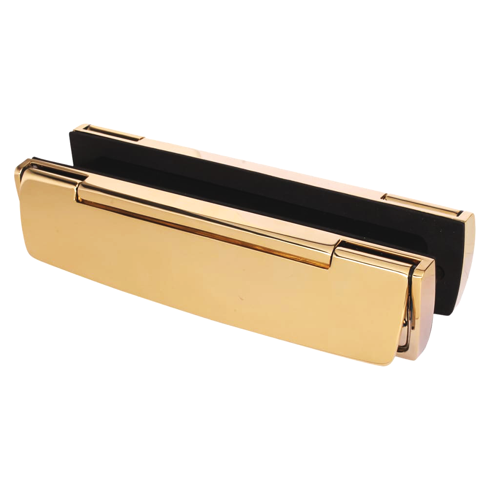Polished gold letterplate with black interior surround for external front doors, shown on a white background.