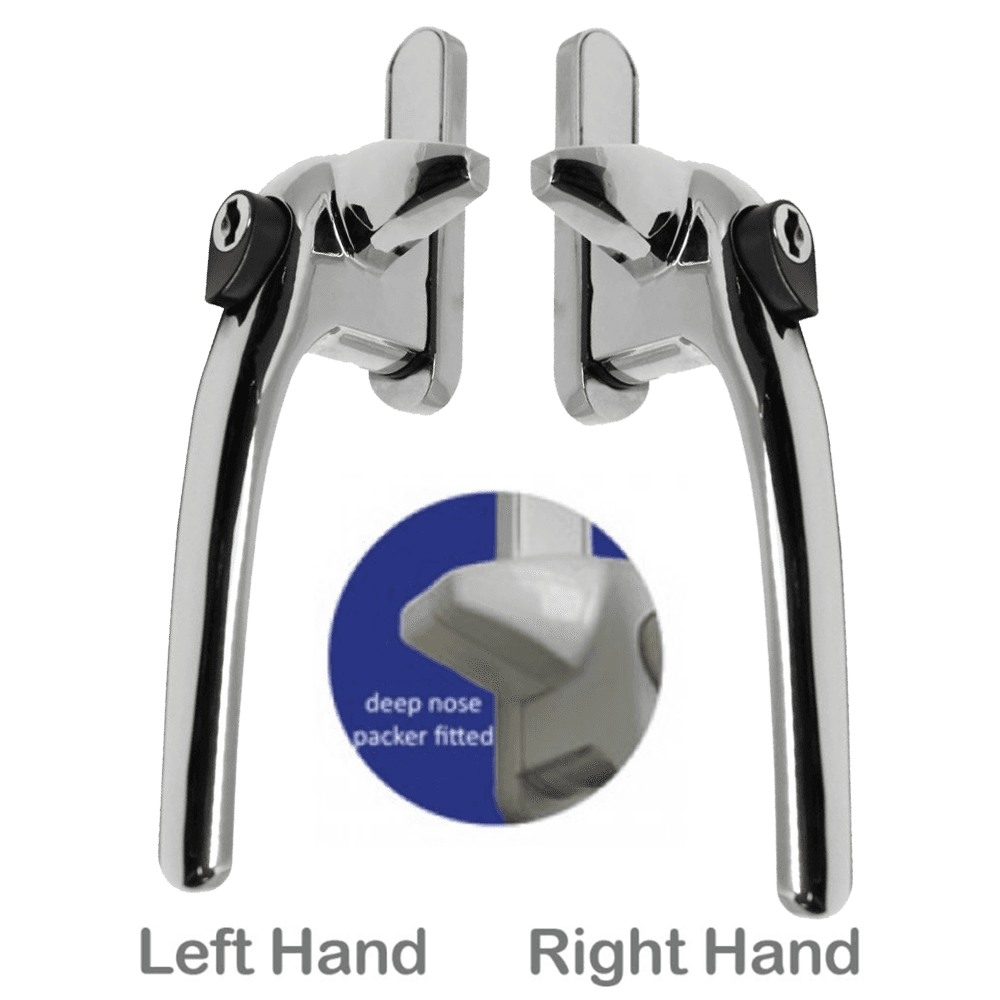 A pair of chrome cockspur window handles, one labeled for left hand operation and one for right hand operation, with a close-up of the key lock mechanism.