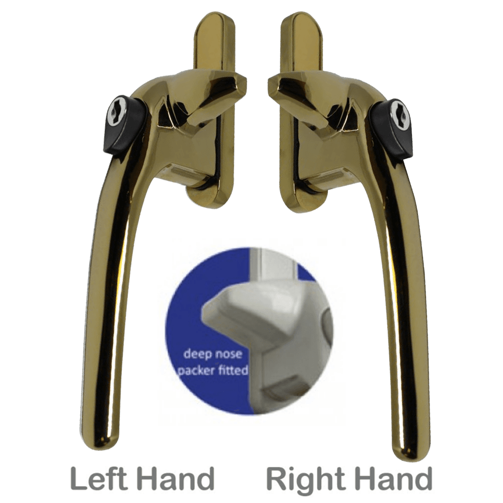 A pair of cockspur window handles in PVD gold, with one handle labeled 'Left Hand' and the other 'Right Hand'. The product includes a close-up of the handle mechanism and is depicted against a white background.